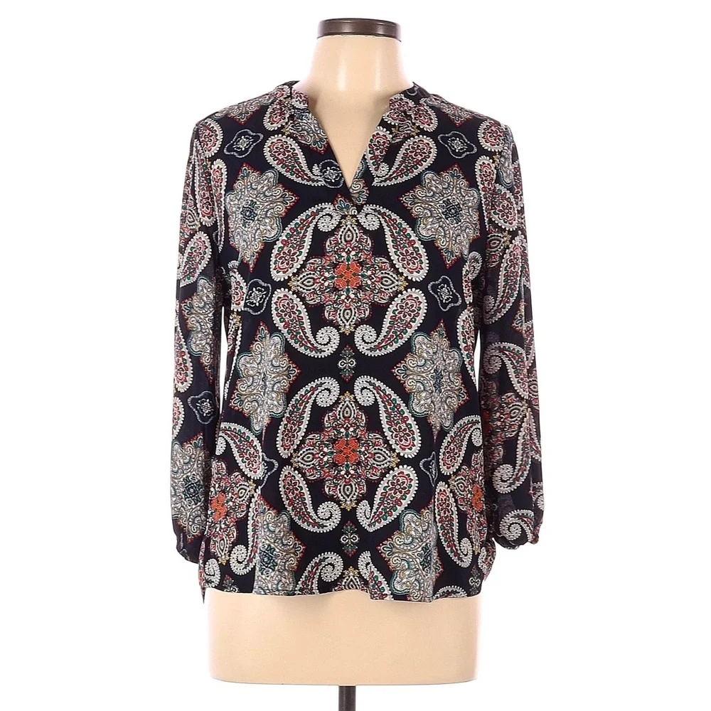 Alice Blue Black Multicolor Paisley Floral Print Split Neck Long Sleeve Top - Picture 2 of 14